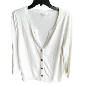 J.Jill White V neck side ribbing 3/4 sleeve cardigan sweater Beachy coastal sz L